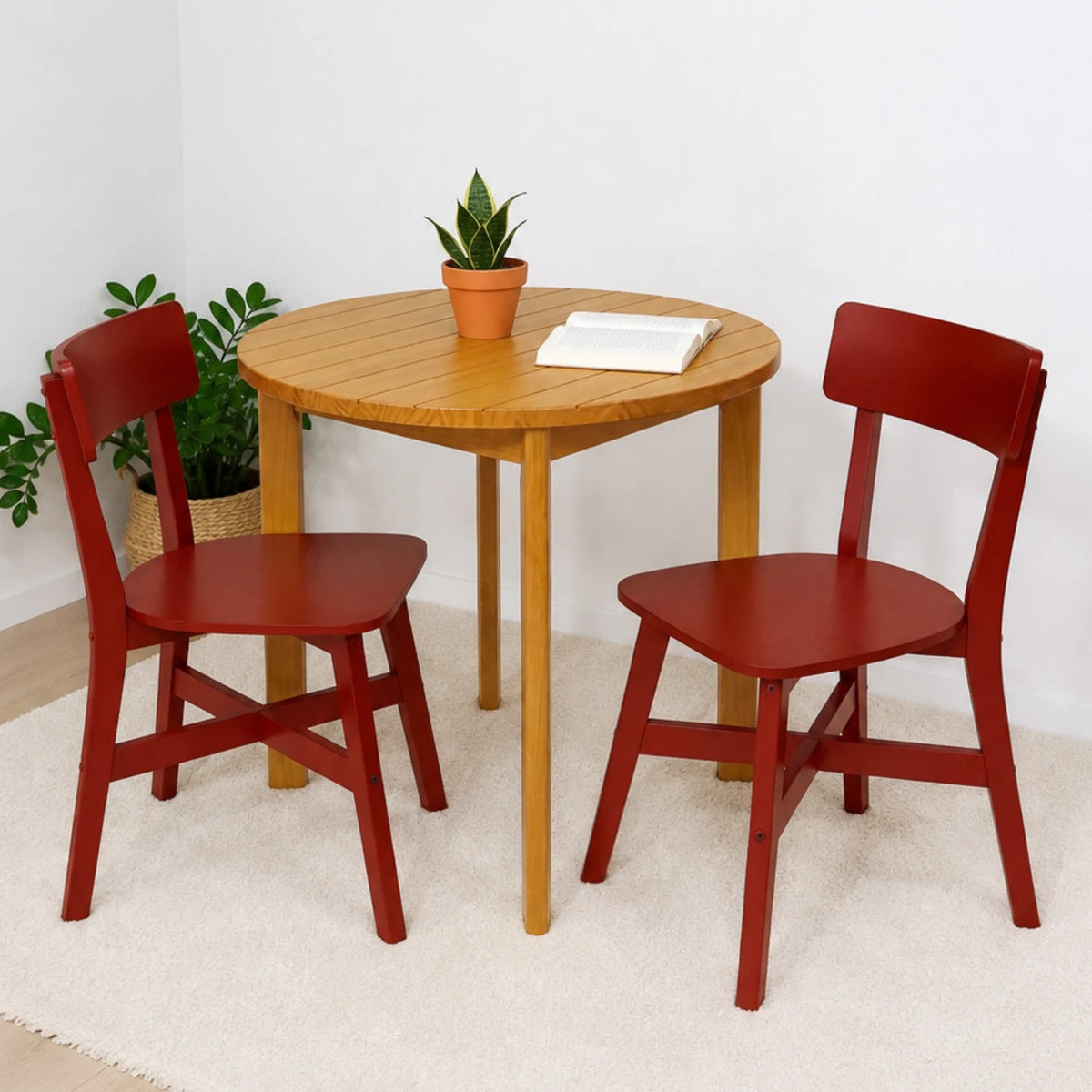 Conjunto Mesa de Madeira Redonda Listras com 2 Cadeiras Botões!