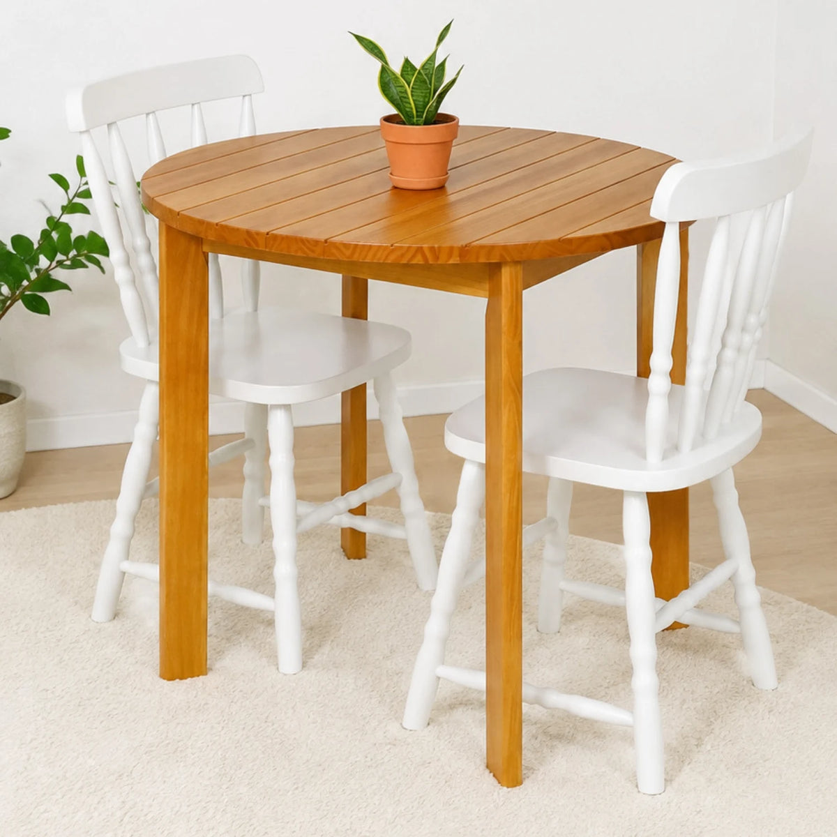 Conjunto Mesa de Madeira Redonda Listras com 2 Cadeiras Brasileiras!