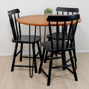 Conjunto Mesa de Jantar Industry 3 Lugares Redondo Melado Pés Pretos com 3 Cadeiras Brasileiras Pretas!